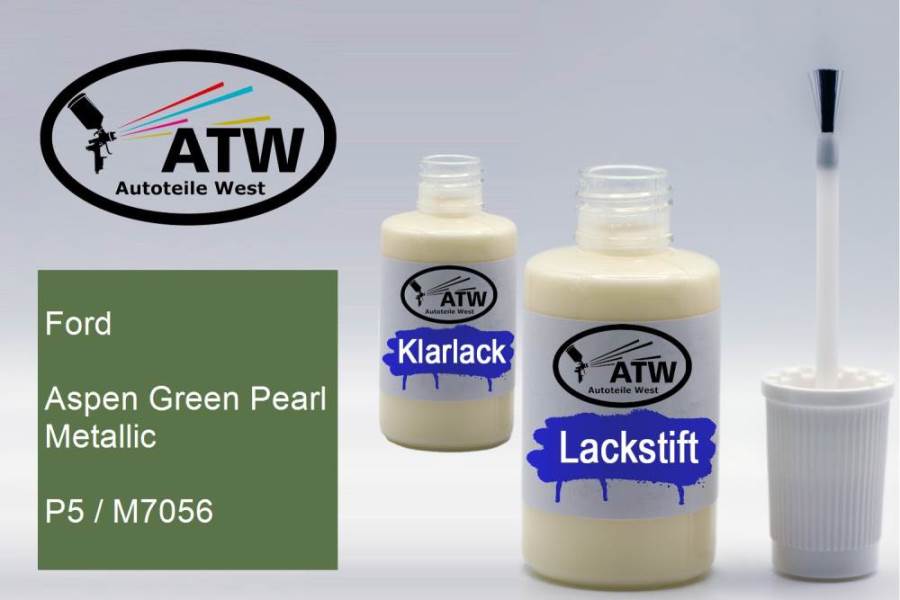 Ford, Aspen Green Pearl Metallic, P5 / M7056: 20ml Lackstift + 20ml Klarlack - Set, von ATW Autoteile West.